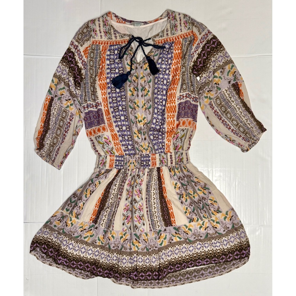 Sundance Boho Modal Patchwork Print‎ Mini Dress PXS Smocked Waist Tassel Tie